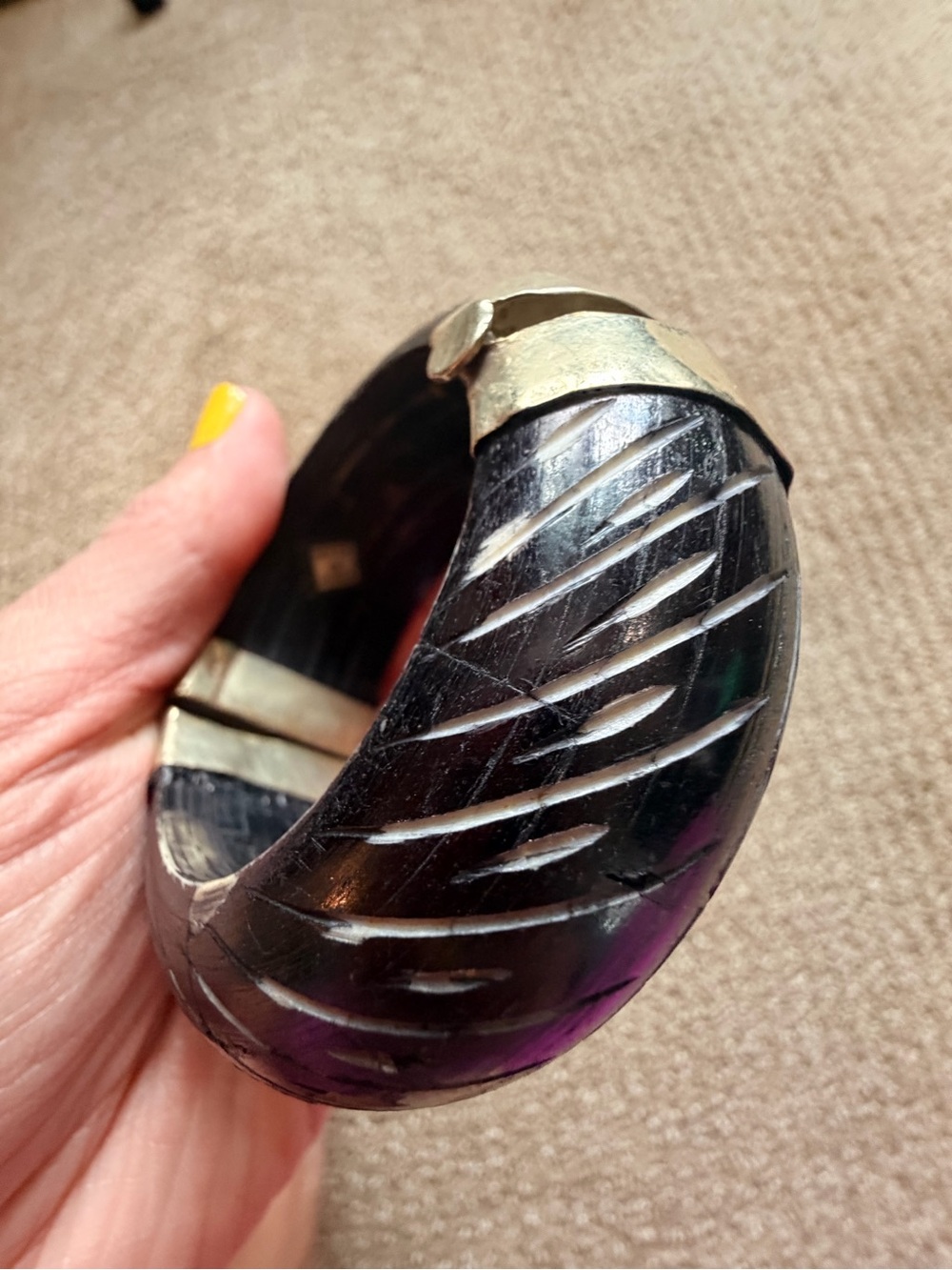 Vintage Heavy Carved Wood Hinged Bangle with Brass Accents made in India - Picture 10 of 12